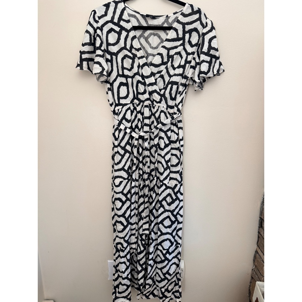 Cassee's Black White Geometric Abstract Midi Dress Cotton Linen Blend Size M